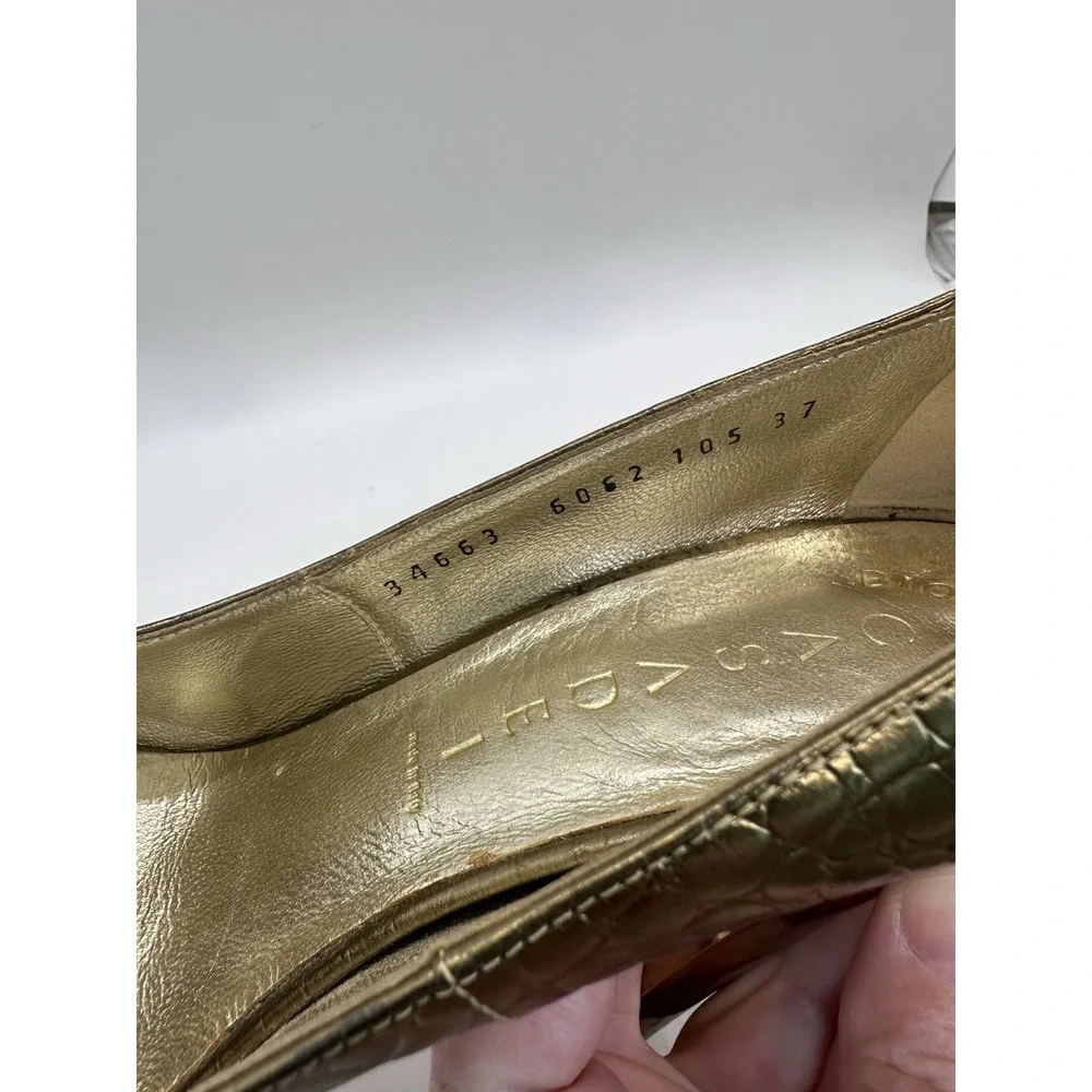 Casadei Made In Italy Croc Embossed Gold Leather Peep‎ toe Pumps 7